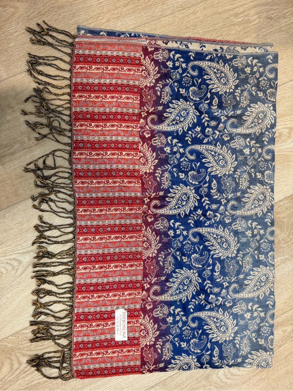 PASHMINA Silk Blend Red Blue White Paisley Scarf Shawl Stole 70" Fringe